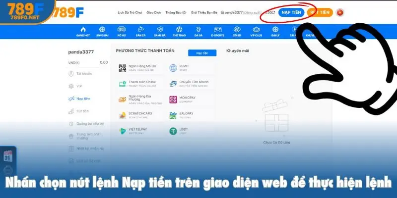 Nhấn chọn nút lệnh Nạp tiền trên giao diện web để thực hiện lệnh